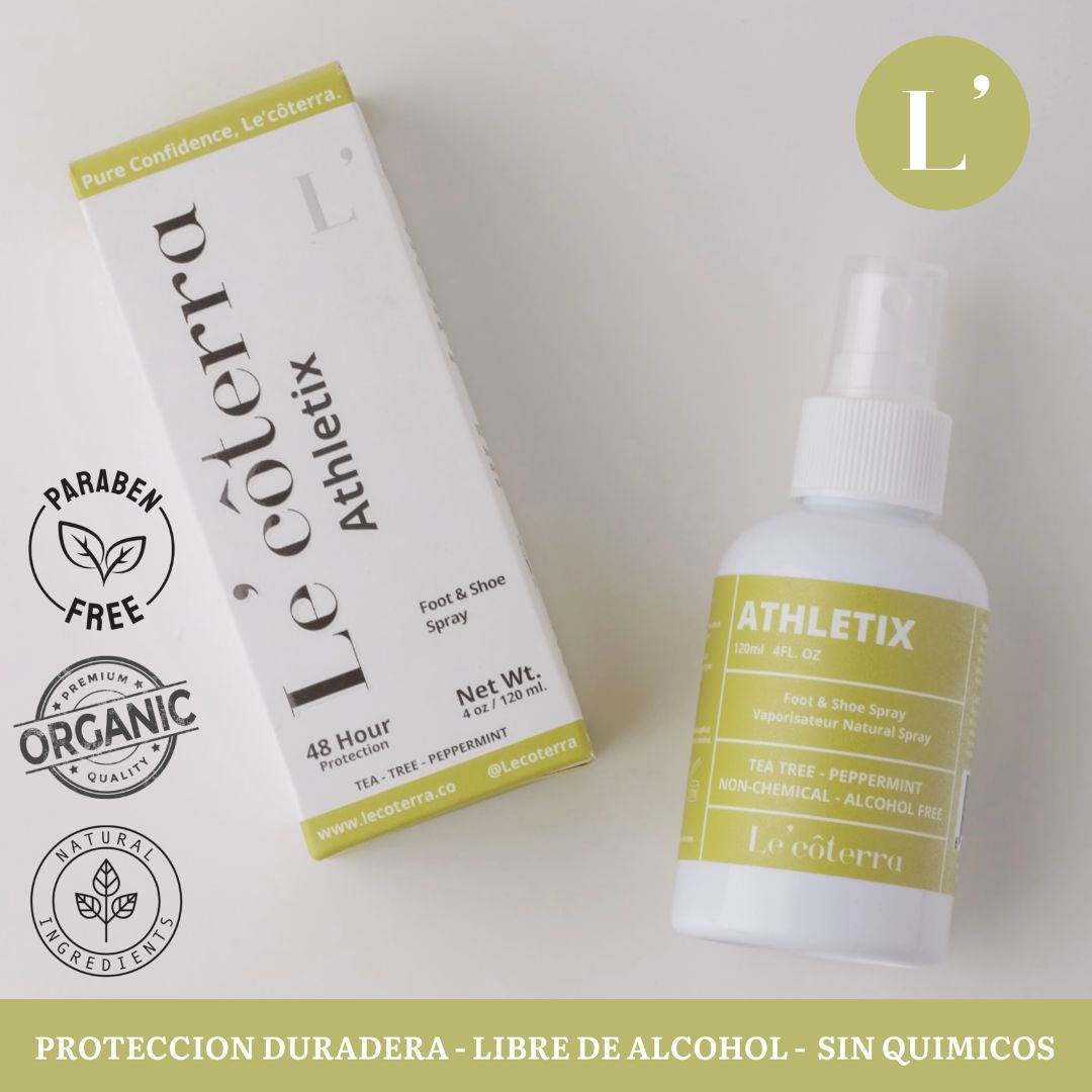 Spray Athletix de Le'côterra con caja, paraben free, organic, tea tree y menta