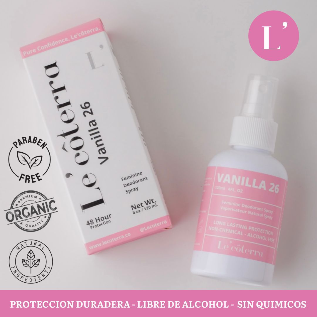 Spray Vanilla 26 de Le'côterra con caja, paraben free, organic y natural ingredients