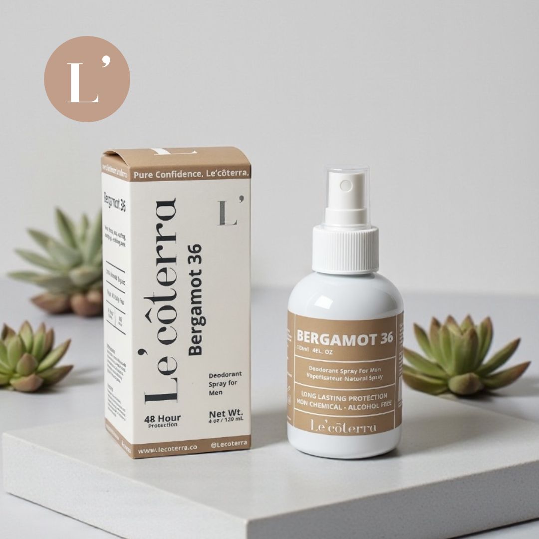 Spray desodorante íntimo masculino Bergamot 36 de Le'côterra, fragancia cítrica natural sin alcohol