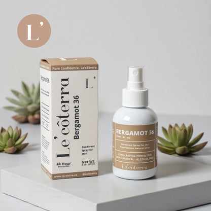 Spray desodorante íntimo masculino Bergamot 36 de Le'côterra, fragancia cítrica natural sin alcohol