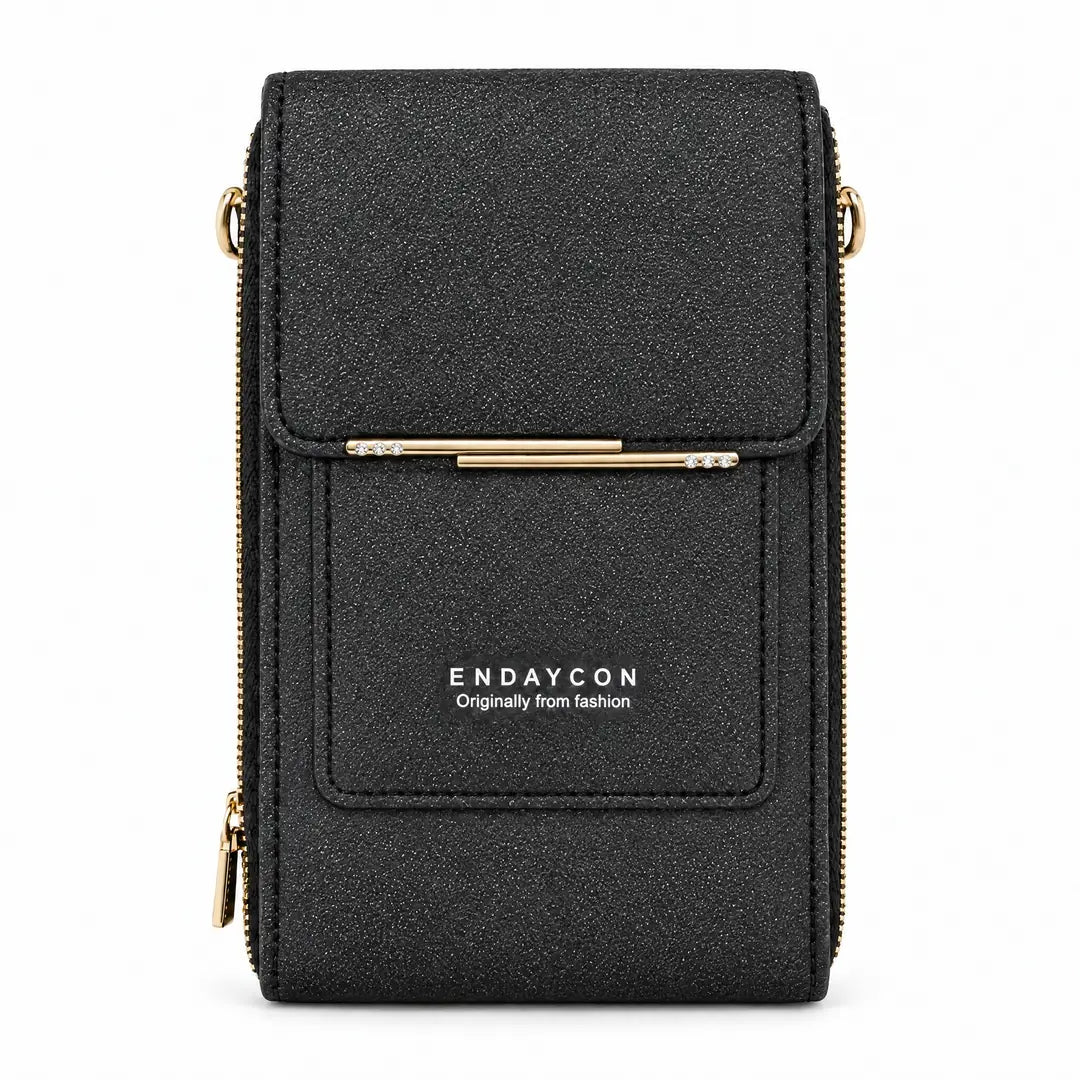 Bolso portacelular negro azabache con ventana táctil, vista frontal