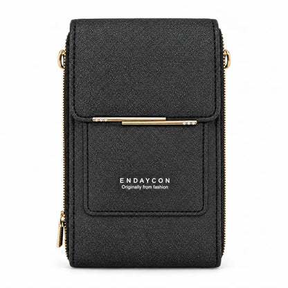 Bolso portacelular negro azabache con ventana táctil, vista frontal