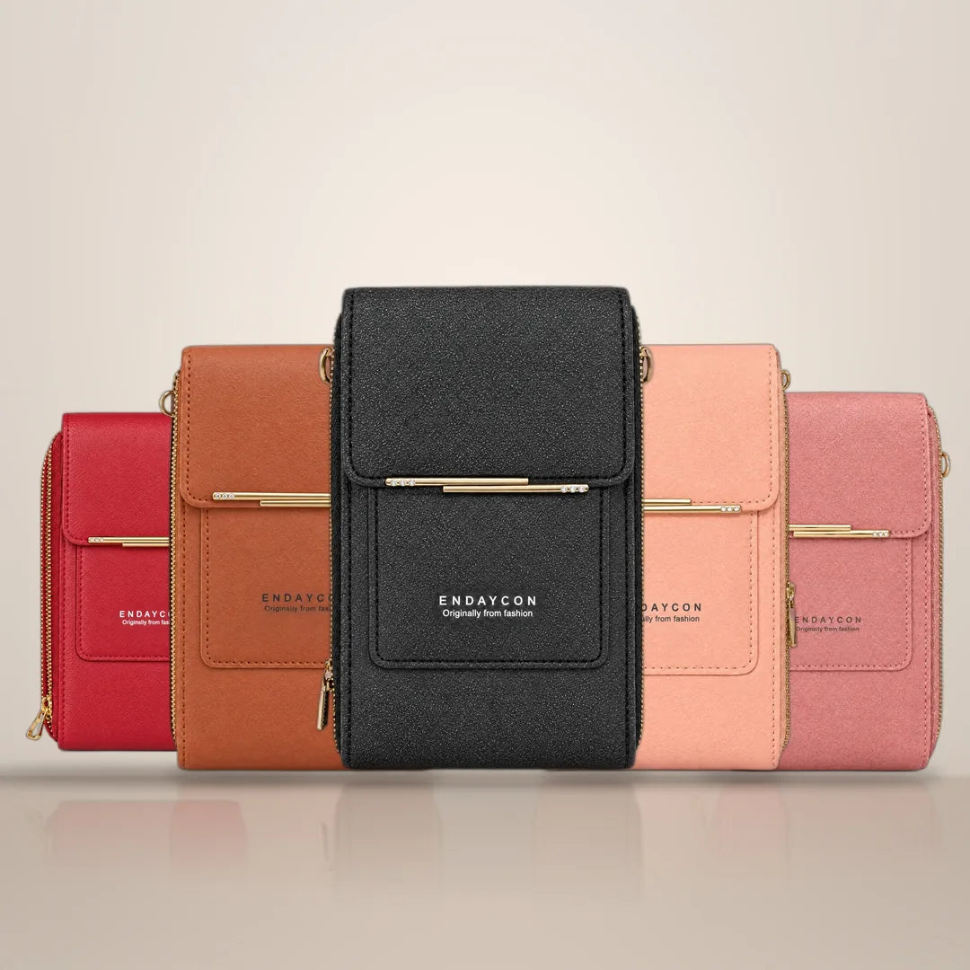 Bolso portacelular en 5 colores: rojo, caramelo, negro, rosado coral y palo de rosa