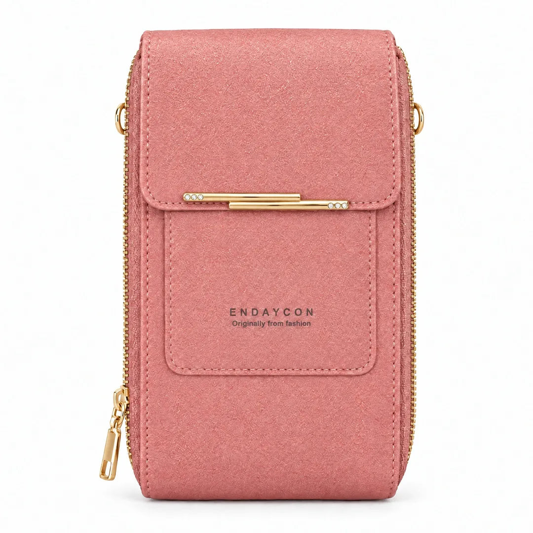 Bolso portacelular rosado coral, vista frontal