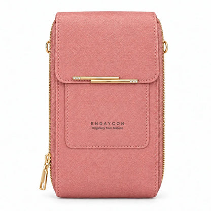 Bolso portacelular rosado coral, vista frontal