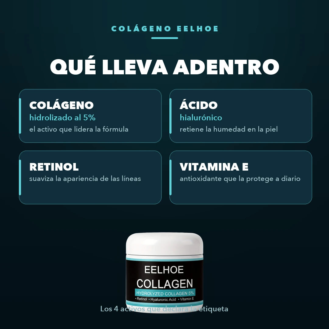 Los cuatro activos que declara la etiqueta del Colágeno Eelhoe: colágeno hidrolizado al 5%, ácido hialurónico, retinol y vitamina E