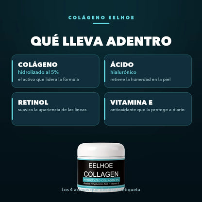 Los cuatro activos que declara la etiqueta del Colágeno Eelhoe: colágeno hidrolizado al 5%, ácido hialurónico, retinol y vitamina E