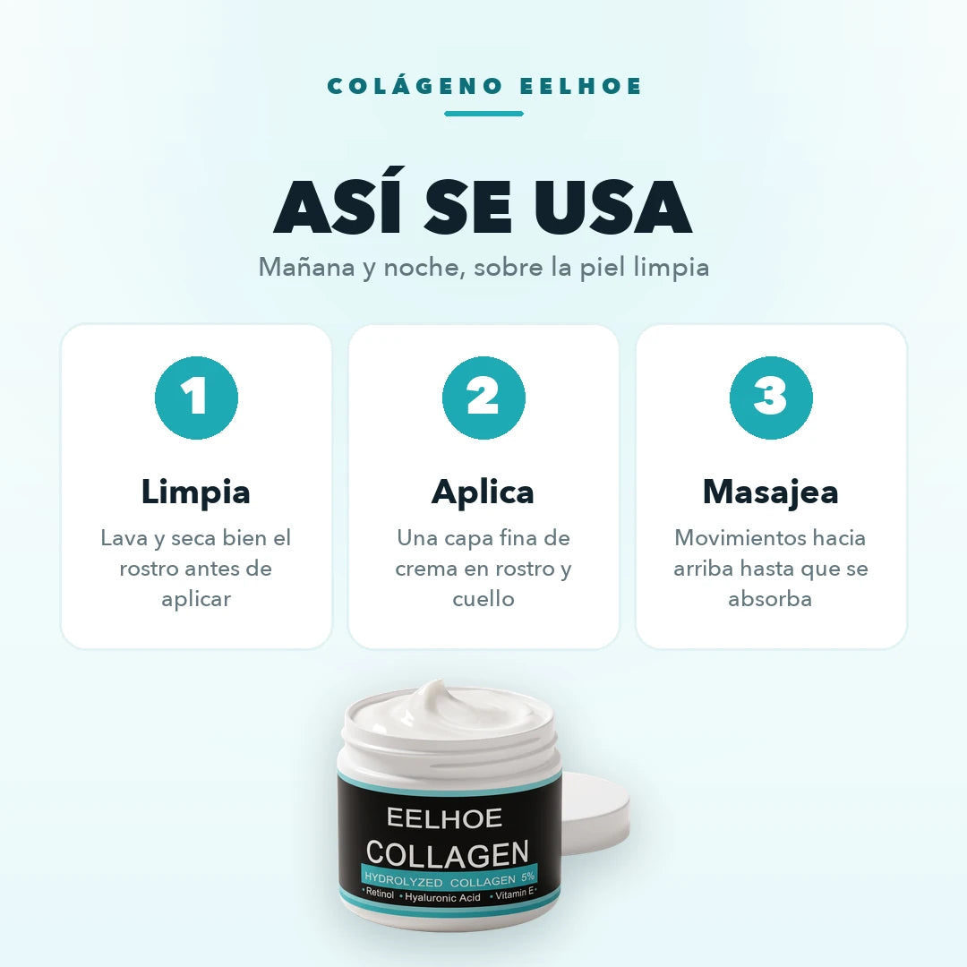 Modo de uso del Colágeno Eelhoe en tres pasos: limpia, aplica y masajea