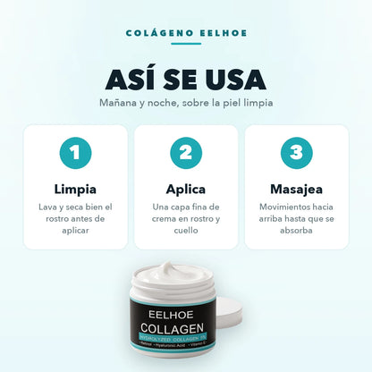 Modo de uso del Colágeno Eelhoe en tres pasos: limpia, aplica y masajea