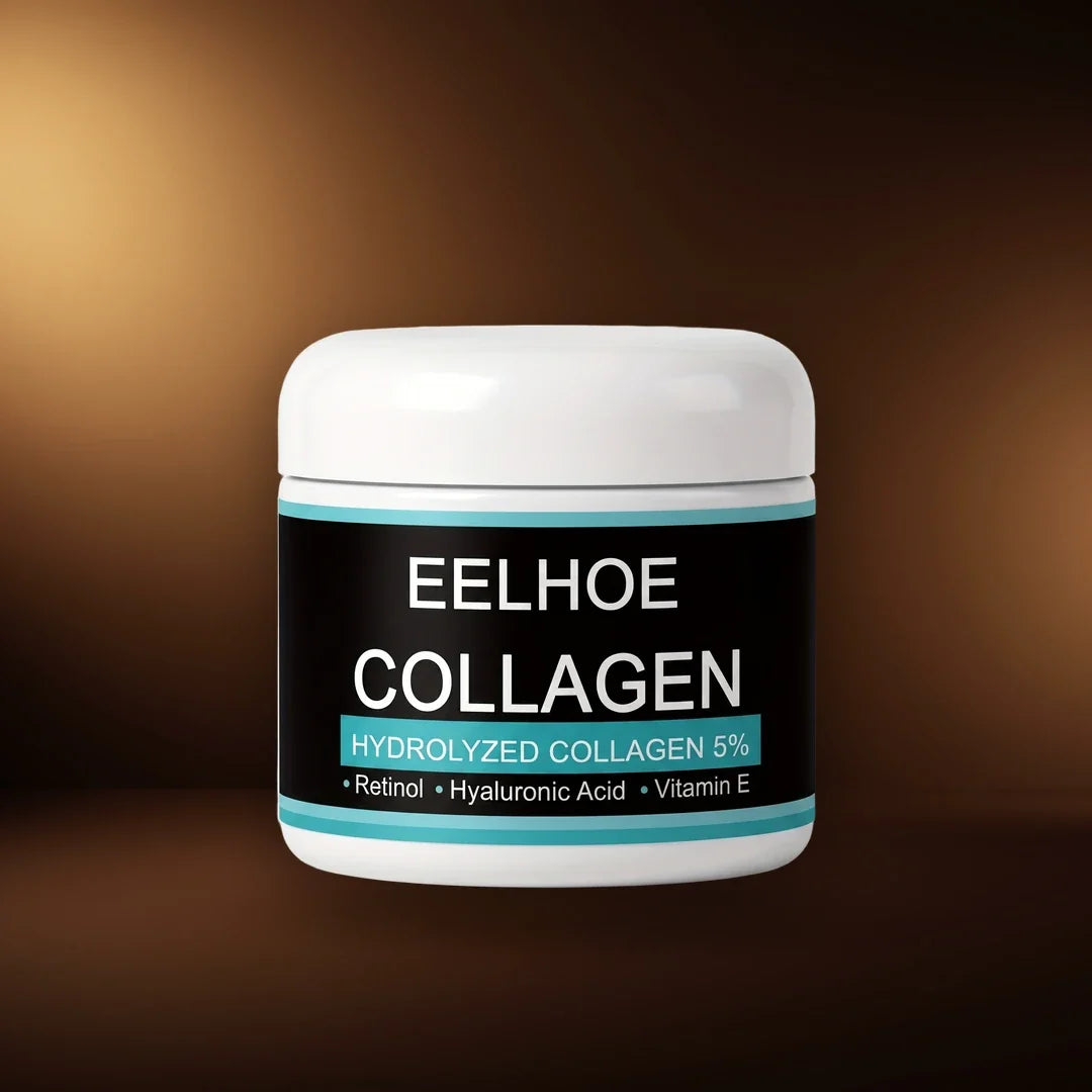 Colágeno Eelhoe, tarro de crema anti-edad de 30 ml sobre fondo cálido