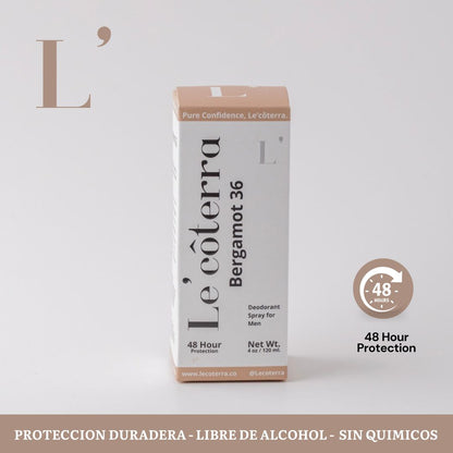 Spray Bergamot 36 de Le'côterra con caja, 48 horas de protección, sin alcohol