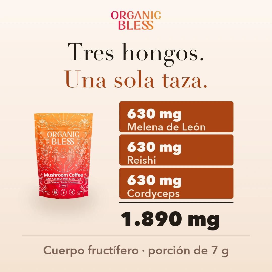 Tres hongos en una sola taza de Organic Bless: 630 mg de melena de leon, 630 mg de reishi y 630 mg de cordyceps, 1.890 mg de extracto de cuerpo fructifero por porcion de 7 g