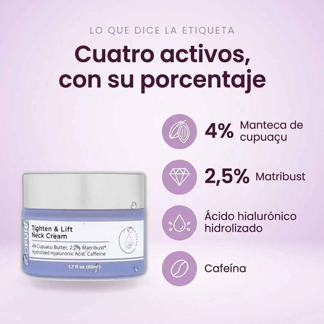 Activos de la crema reafirmante: manteca de cupuacu, Matribust, ácido hialurónico y cafeína