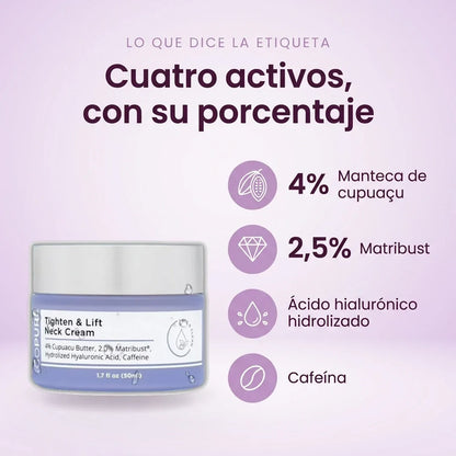 Activos de la crema reafirmante: manteca de cupuacu, Matribust, ácido hialurónico y cafeína