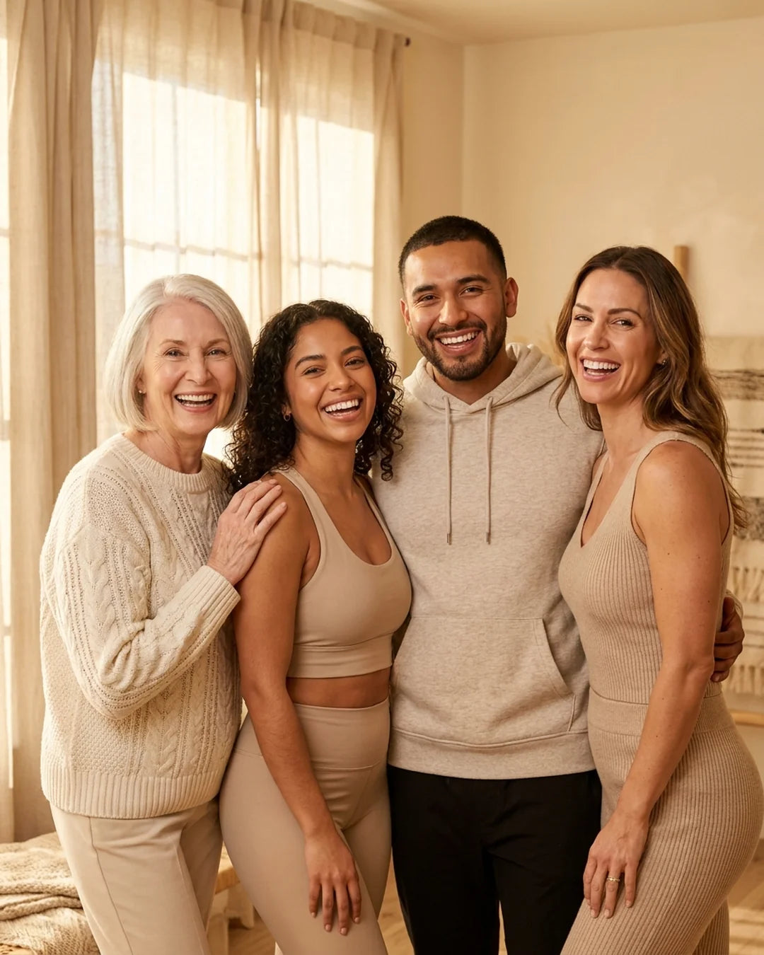 Cuatro personas de distintas edades sonriendo juntas