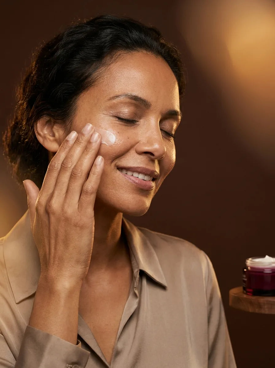 Mujer aplicandose crema facial con las manos
